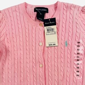 Ralph Lauren Cardigan Sweater Girls 6X Pink Cable Knit Ruffle Trim Preppy New